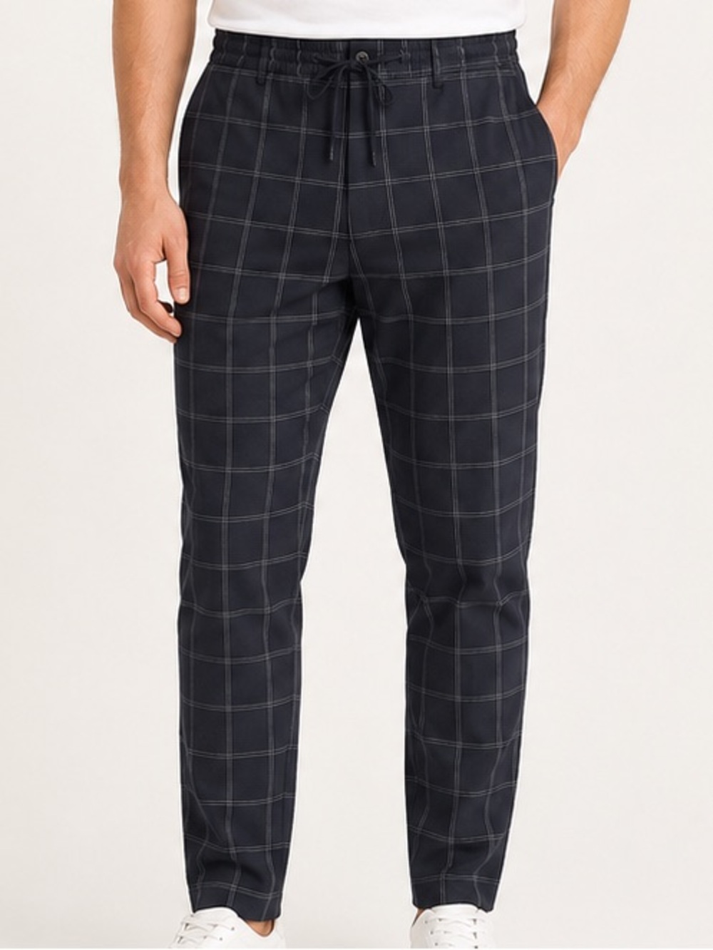 H&M Men’s Windowpane Plaid Drawstring Tapered Pants Navy L